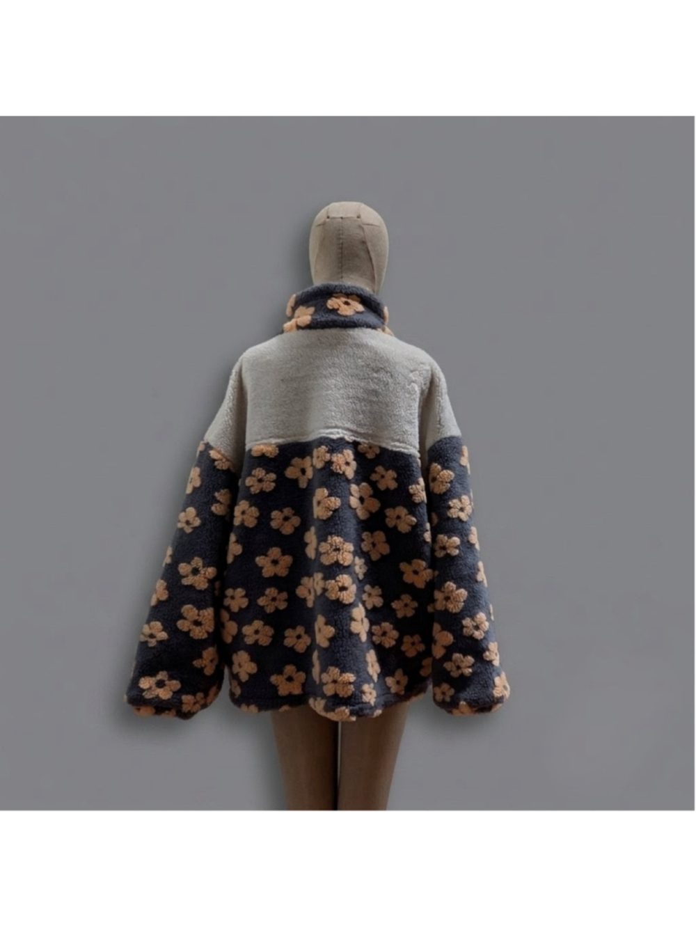 Aelfric Eden Colorblock Grey Orange Floral Sherpa Fleece Jacket - Picture 3 of 11
